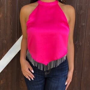 Rhinestone Fringe Satin Tank Top ( Hot Pink )